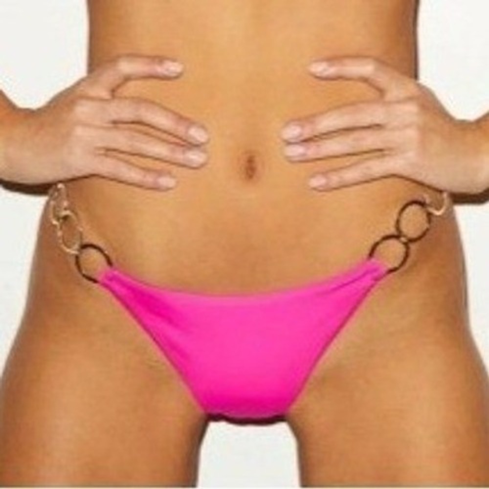 Beach Bunny| Pink Gold Ring Ruched Bikini Bottom Ruched Back Cheeky | Small